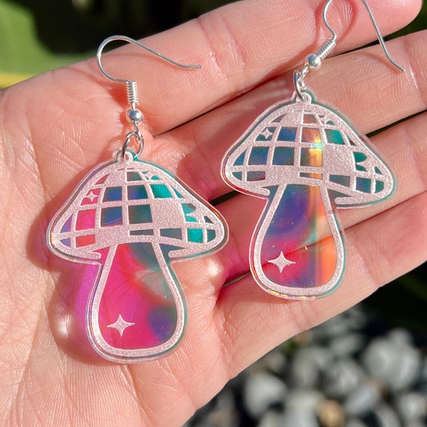 Mushroom Earrings Iridescent Shroom Earrings Funky Jewelry Disco Mushroom Jewelry Iridescent Earrings Disco Ball Party Bubble Earrings