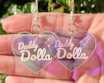 Daddy Dolla Earrings Iridescent Earrings EDM Jewelry House Music Lover Earrings Heart Shaped Holographic Music Festival Earrings