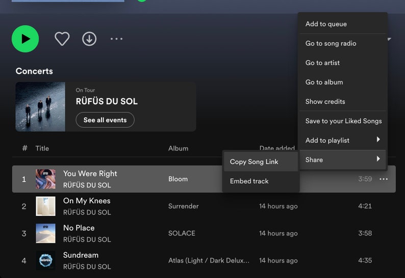 Op de afbeelding: Een screenshot van een Spotify-muziekspeler die een lijst met nummers van de band R&Uuml;F&Uuml;S DU SOL laat zien. De nummers zijn "You Were Right", "On My Knees", "No Place" en "Sundream".