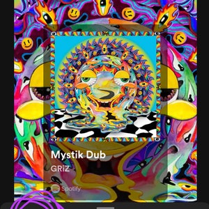 Op de afbeelding: Een kleurrijke psychedelische albumhoes voor het nummer "Mystik Dub" van GRIZ. De albumhoes toont een cartoon gezicht met meerdere ogen en een felgele achtergrond. Het album is beschikbaar op Spotify.