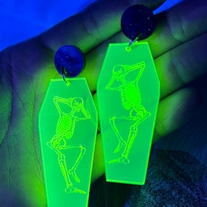 Skeleton Earrings Halloween Dancing Skeleton Coffin Earrings Fun Halloween Jewelry Neon Glow Earrings UV Reactive Jewelry Spooky Glow Dark