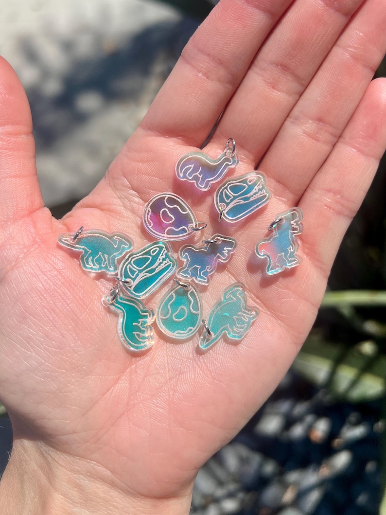 May include: A collection of iridescent dinosaur-themed charms. The charms feature various dinosaur shapes, including a T-Rex, a Stegosaurus, and a Triceratops. Each charm has a silver-colored loop for attaching to a necklace or bracelet.