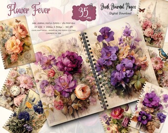 Floral Junk Journal Kit Digital Download, Flower Fever Watercolor Printable Pages, Purple Pink Botanical Collage Sheets