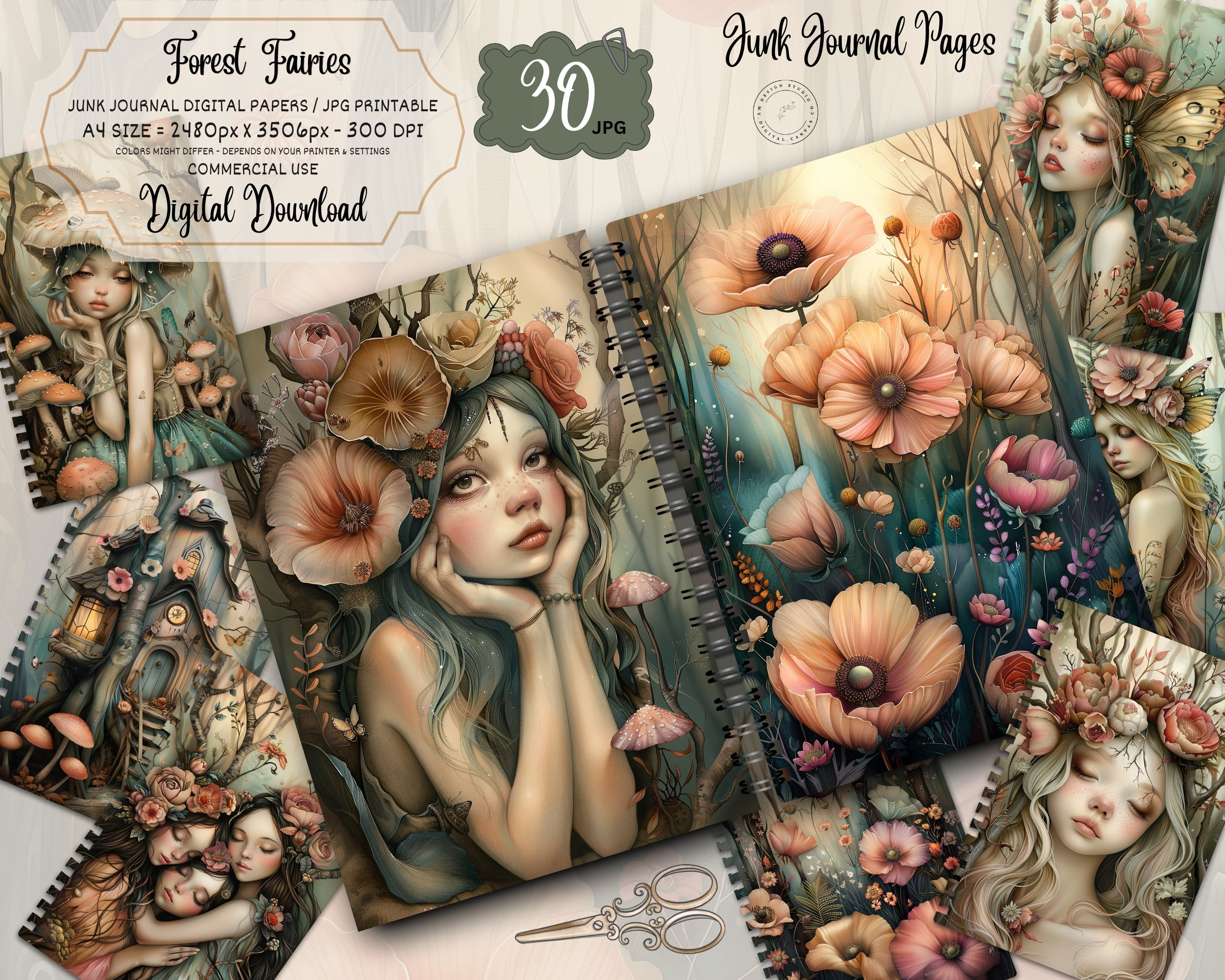 Forest Fairy Junk Journal Kit, SPRING Fairy Junk Journal Kit, Fantasy Fairy Collage Printables, Digital Fairy Kit, Fairy Seasons Collection