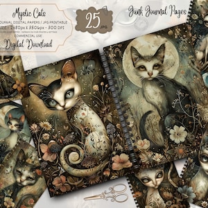 Pages de journal indésirable chat mystique, kit de papier de scrapbooking numérique, sorcière imprimable, feuille de collage sorcellerie, éphémères vintage, chat noir à télécharger