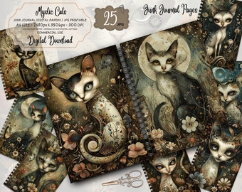 Mystic Cat Junk Journal Pages Digital Download, Witchy Ephemera Printable, Black Cat Witch Collage Sheet Scrapbook Paper Gothic Spell