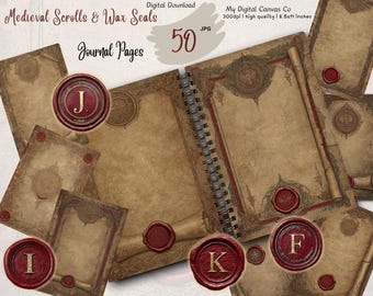 Medieval Script Junk Journal Kit, Vintage Parchment Wax Seal Pages, Manuscript Ephemera Printable Digital Download