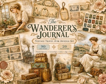 Vintage Travel Junk Journal Kit, Wanderlust Journal Page, Printable Ephemera, Old Map Scrapbook, Ticket Stub Collage Sheet, Digital Download