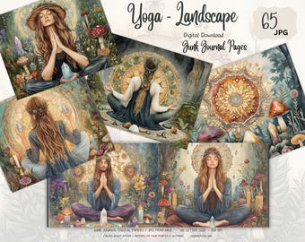 Junk Journal Kit Digital Download, Yoga Meditation Printable Pages, Vintage Spiritual Ephemera, Landscape Journal