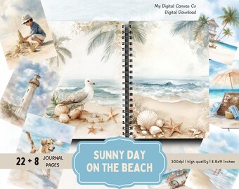 May include: A spiral-bound journal with beach-themed watercolor illustrations. The journal features images of a seagull, seashells, and a beach scene. The text "SUNNY DAY ON THE BEACH" is displayed on a blue label. The journal is 8.5x11 inches.