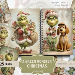 May include: A spiral-bound journal with illustrations of a green monster in a Santa hat, a dog, and other Christmas-themed characters. The journal cover reads "A Green Monster Christmas" and "25 Pages."
