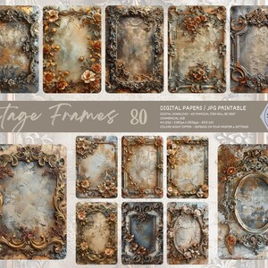 Peut inclure: Ensemble de 80 papiers numériques avec des cadres vintage. Les cadres présentent des motifs floraux et des volutes en or, marron et crème. Les fonds ont un aspect vieilli et texturé. Le texte indique "Vintage Frames 80".