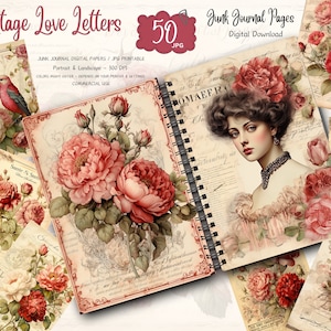 Cartas de amor vintage, kit de diario basura de amor floral, papel digital de carta de amor vintage para scrapbooking, flores vintage