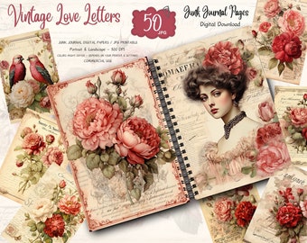 Vintage Liebesbrief Junk Journal Kit digitaler Download, Floral Rose druckbare Seiten, viktorianische Romantik Scrapbook Ephemera