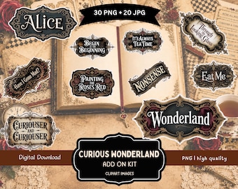 Dark Alice in Wonderland Word Sheet, Printable Victorian Gothic Labels, Wonderland Phrase Ephemera, Junk Journal Digital Download