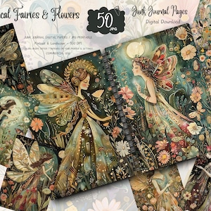 Pagine di diario con fatine floreali, collage stampabili di un mondo incantato floreale, kit fantasy, carta per diario con fiori e fate, favola