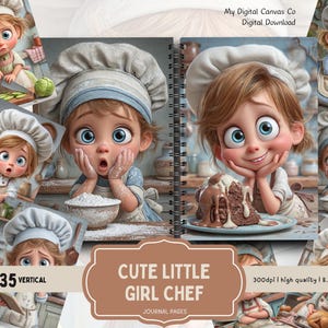 以下が含まれることがあります： 「Cute Little Girl Chef」のタイトルと、コック帽をかぶった漫画の女の子のイラストが描かれたスパイラル綴じジャーナル。 ジャーナルのページは21.59 x 27.94 cmで、高品質です。