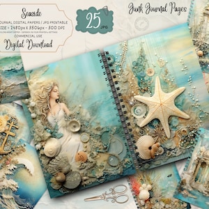 Coastal Junk Journal | Seaside Journal Pages | Paper Craft | Nautical Digital Paper | Scrapbook Paper | Diy | Seashell | Starfish