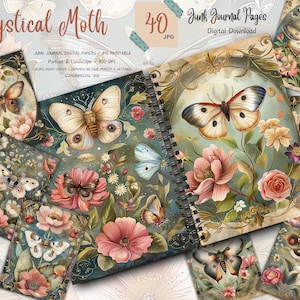 Pagine di diario vintage con falene, kit di carta per album digitali, stampabile botanico, foglio di collage, download di entomologia, effimere di farfalle