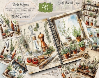 May include: Digital download of "Herbs & Spices" junk journal pages. The watercolor-style illustrations feature herbs, spices, glass bottles, a pepper grinder, tomatoes, and a knife. The pages have a vintage aesthetic with the text "Digital Download".