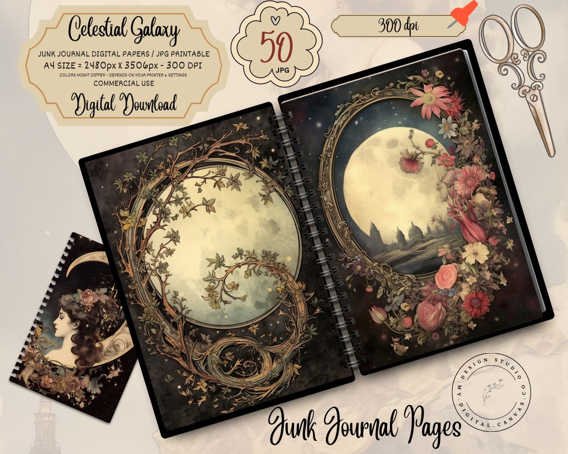Junk Journal Kit Digital Download, Celestial Moon Printable Pages ...