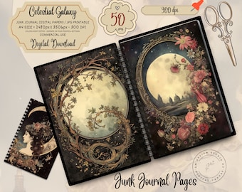 Junk Journal Kit Digital Download, Celestial Moon Printable Pages, Vintage Astronomy Ephemera, Galaxy Scrapbook Journal