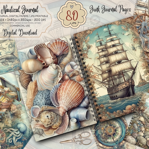 Nautical Junk Journal Kit, Digital Scrapbook Pages, Printable Collage Sheet, Vintage Marine Ephemera, Shabby Chic Beach Paper, Tags Pockets