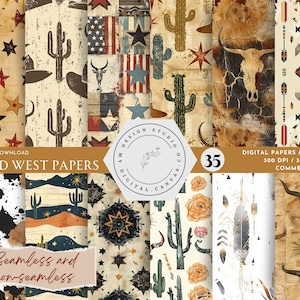 Carte digitali senza soluzione di continuità con texture del selvaggio West, kit di sfondi per album, stampabili western, motivi da cowboy vintage, pagine di diario da scaricare