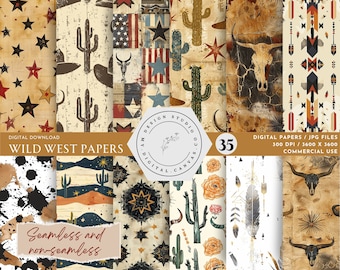 Wild West Textures Seamless Digital Papers, Scrapbook Background Kit, Western Printable, Vintage Cowboy Patterns, Journal Pages Download