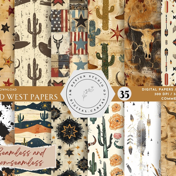 Wild West Textures Seamless Digital Papers, Scrapbook Background Kit, Western Printable, Vintage Cowboy Patterns, Journal Pages Download