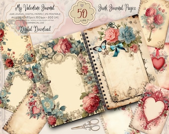 Shabby Chic Romance, Vintage Rose Junk Journal Pages, Romantic Heart Ephemera, Love Letter Collage Printable Scrapbook, Digital Download