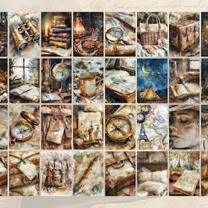 May include: A collage of vintage-inspired images featuring a compass, a magnifying glass, a leather-bound journal, a vintage suitcase, a map, a campfire, and a cup of coffee. The images are painted in a watercolor style and have a warm, nostalgic feel.