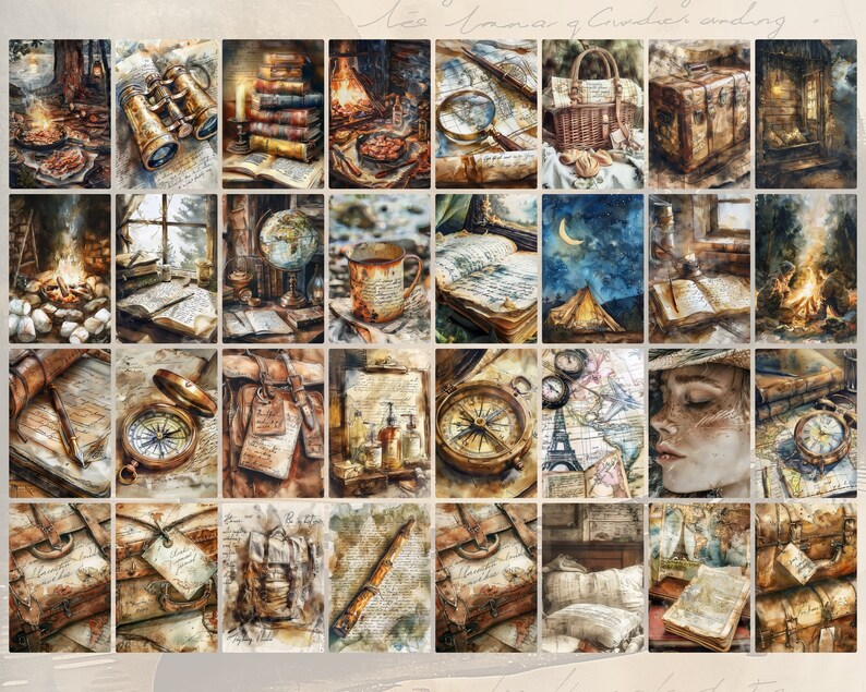 May include: A collage of vintage-inspired images featuring a compass, a magnifying glass, a leather-bound journal, a vintage suitcase, a map, a campfire, and a cup of coffee. The images are painted in a watercolor style and have a warm, nostalgic feel.