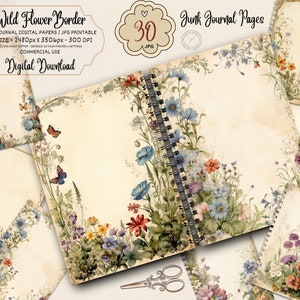 Pagina stampabile per diario con bordo di fiori di campo acquerellati, kit per diario con fiori, foglio di collage digitale per diario