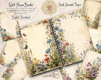 Watercolor Wildflowers Border Junk Journal Printable Page, Flowers Junk Journal Kit, Junk Journal Paper Digital Collage Sheet