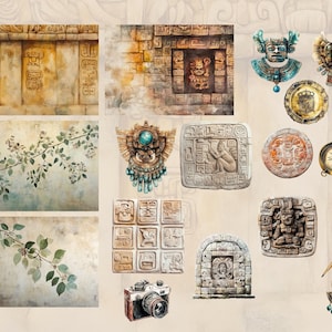 May include: A collection of vintage-inspired illustrations featuring Mayan-style architecture, intricate patterns, and ancient artifacts. The illustrations include a compass, a carved stone head, and a detailed depiction of a temple.