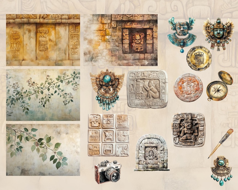 May include: A collection of vintage-inspired illustrations featuring Mayan-style architecture, intricate patterns, and ancient artifacts. The illustrations include a compass, a carved stone head, and a detailed depiction of a temple.