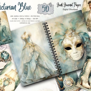 Blue and Ivory Victorian Junk Journal Kit, Neutral, Victorian, Teal, Ephemera, Floral Turquoise, Vintage, Printable, Digital Download