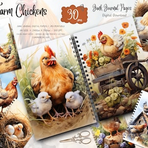 Watercolor Farm Chicken Junk Journal Printable Page, Rooster Junk Journal Kit,Junk Journal Paper Digital Collage Sheet, Instant Download