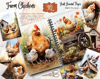 Aquarell Huhn, Cottagecore Bauernhof, Hahn Junk Journal Kit, druckbare Ephemera, Bauernhaus Scrapbook Papier, digitaler Download