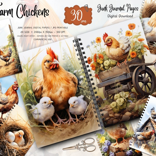 Watercolor Farm Chicken Junk Journal Printable Page, Rooster Junk Journal Kit,Junk Journal Paper Digital Collage Sheet, Instant Download