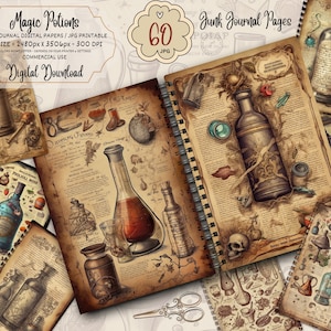 Mystic Potions Junk Journal Pages, Digital Scrapbook Paper Kit, Vintage Ephemera, Witchy Collage Sheet, Magic Spell Book, Alchemy Printable