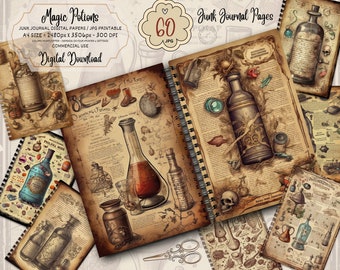 Mystic Potions, Apothecary Witch Junk Journal Kit, Vintage Ephemera, Scrapbook Paper, Collage Sheet, Digital Download