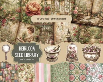 Heirloom Seed Library Junk Journal Kit, Vintage Botanical Ephemera, Seed Packet Printable, Garden Journal Pages (Digital Download)