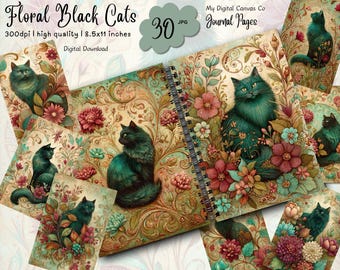 Gothic Floral Black Cat, Witchy Junk Journal Kit, Black Cat Journal Pages Printable, Gothic Cat Ephemera Collage Sheet, Digital Download