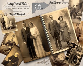 Vintage Portrait Photos, Victorian Sepia Ephemera, Antique Photo Collage, Junk Journal Kit, Printable Ephemera, Digital Download