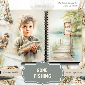 Watercolor Fishing Journal | Fishing Day Junk Journal Kit | Printable Nature Journal Pages | Digital Angler Scrapbook Ephemera | Digital JPG