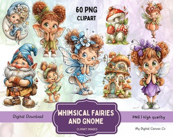 Fairy Clipart PNG Bundle Digital Download, 60 Whimsical Gnome Fairy House Fantasy Clipart, Junk Journal Scrapbook Printable Ephemera