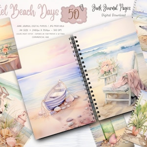 Vintage Beach Junk Journal Pages, Pastel Beach Themed Scrapbook Paper, Printable Coastal Collage Sheet, Vintage Nautical Junk Journal Kit