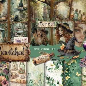BEWITCHED Green Witch Junk Journal Kit, Spell Book Witch Collage Printable, Fantasy Kit, Witches and Nature Junk Journal Paper, Forest Pages
